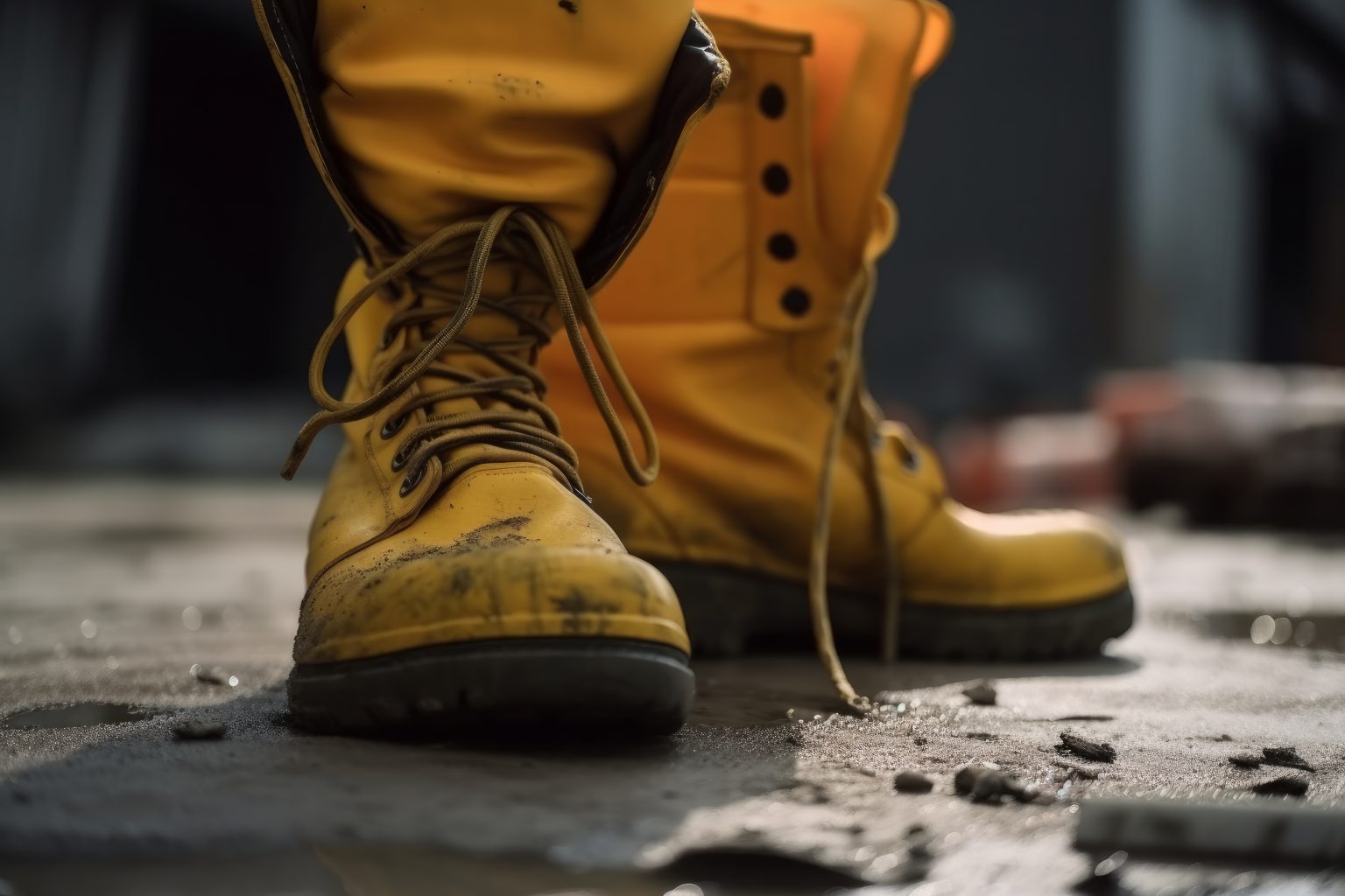 A constuction worker is wearing leather safety shoe, standing on the sand ground at construction working site. Generative Ai image